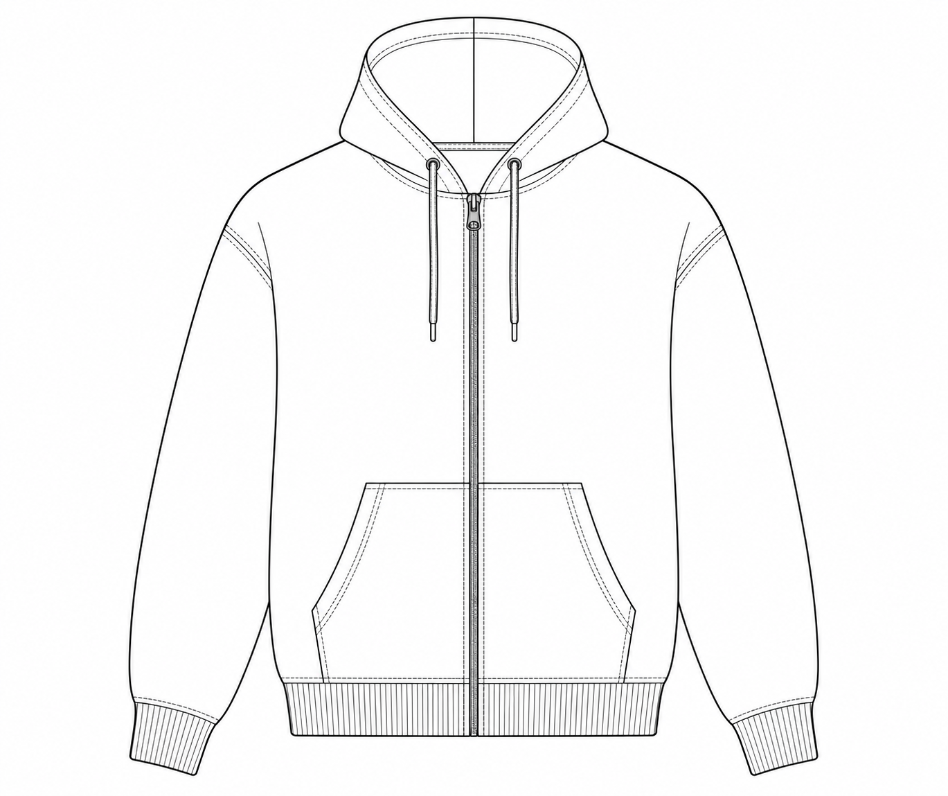 Original front technical flat of a zip hoodie